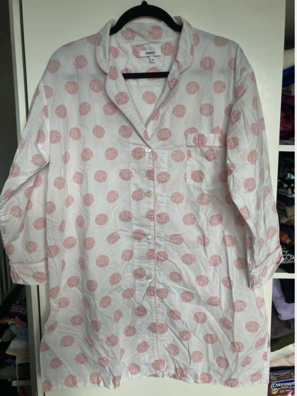 Marigot White Pink Round Shells Print Sleep LS Shirt Pajama Dress M Button Up